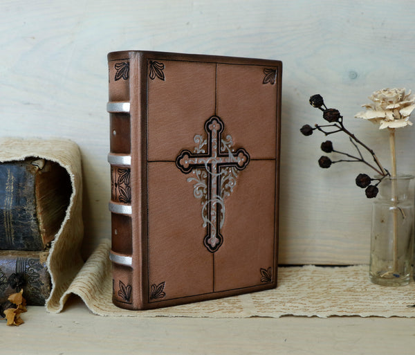 Brown leather journal with cross decoration. One of a Kind - Faith