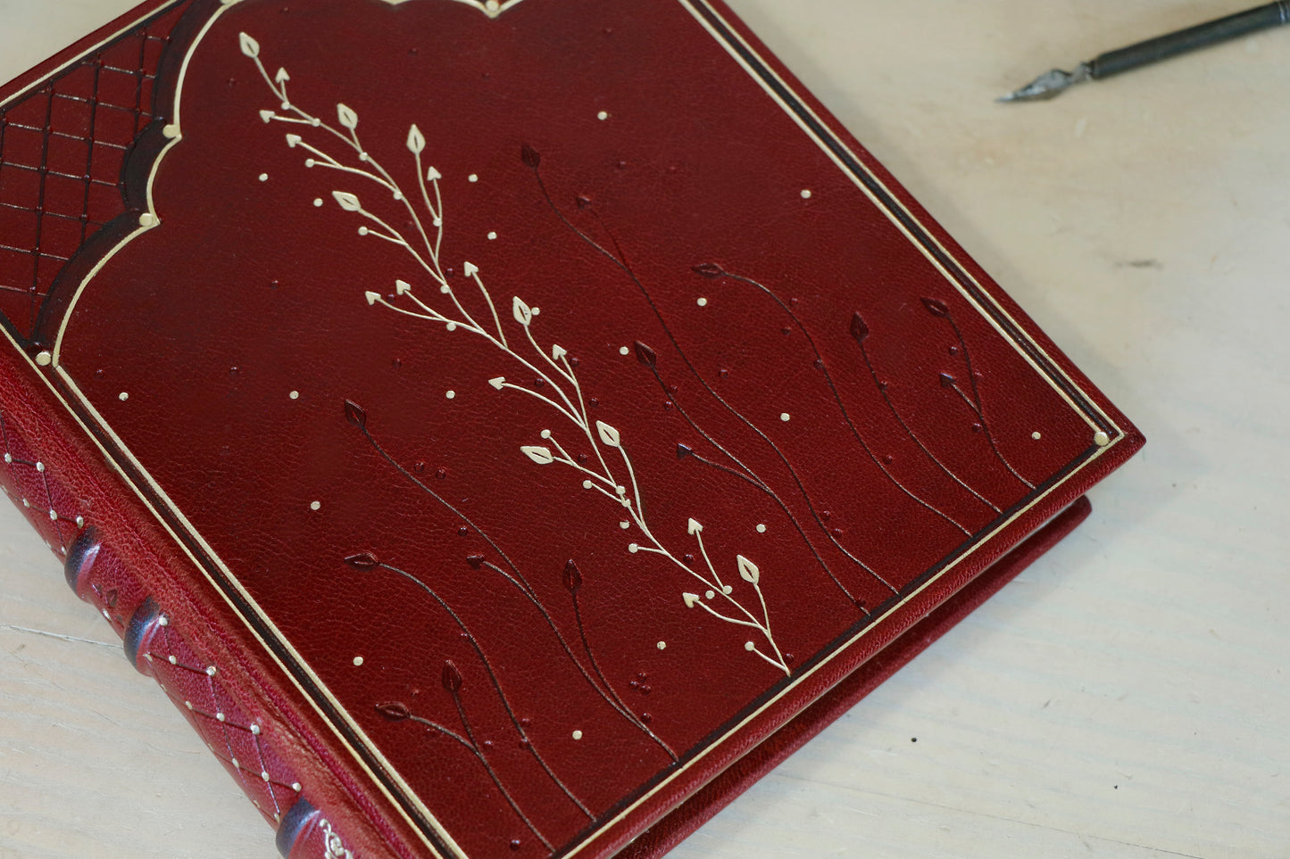 Red Leather Journal with Gilded Edges, Gold, Hand Tooled Decoration - The Temple of Love