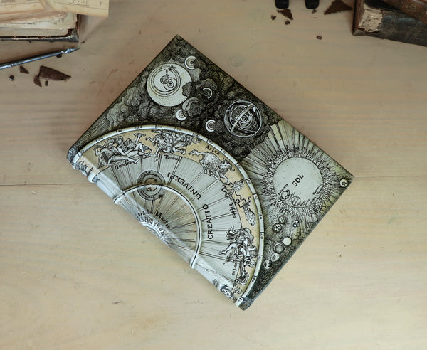 Handpainted Leather Journal, One of a Kind blank book on astrology with Copper Engraved Bookmark - Creatio Universi / The Creation of the Universe