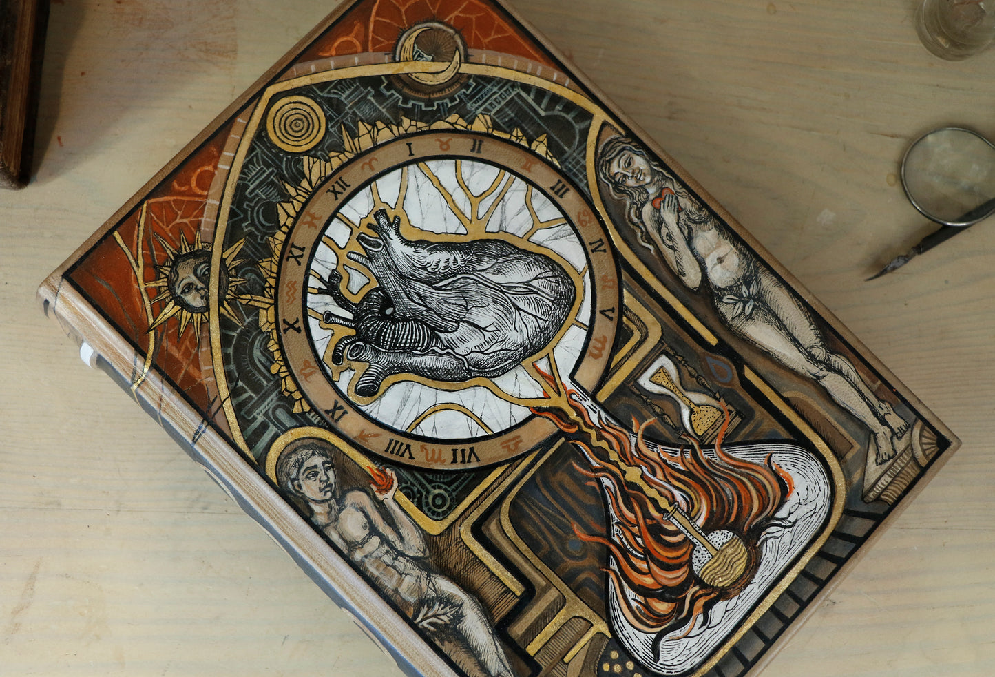 Handpainted Leather Blank Book with Original Artwork - The Alchemy of Love. One of a Kind.