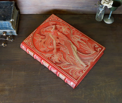 Vermillion Leather Journal, Hand tooled with gold foil, The Nymph's Garden