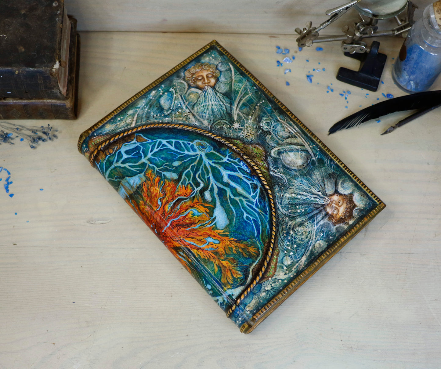 Hand-painted Leather Journal, One of a Kind blank book - Mundus Subterraneus, Aquatic System