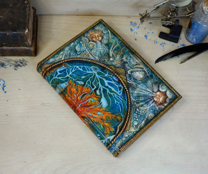 Hand-painted Leather Journal, One of a Kind blank book - Mundus Subterraneus, Aquatic System