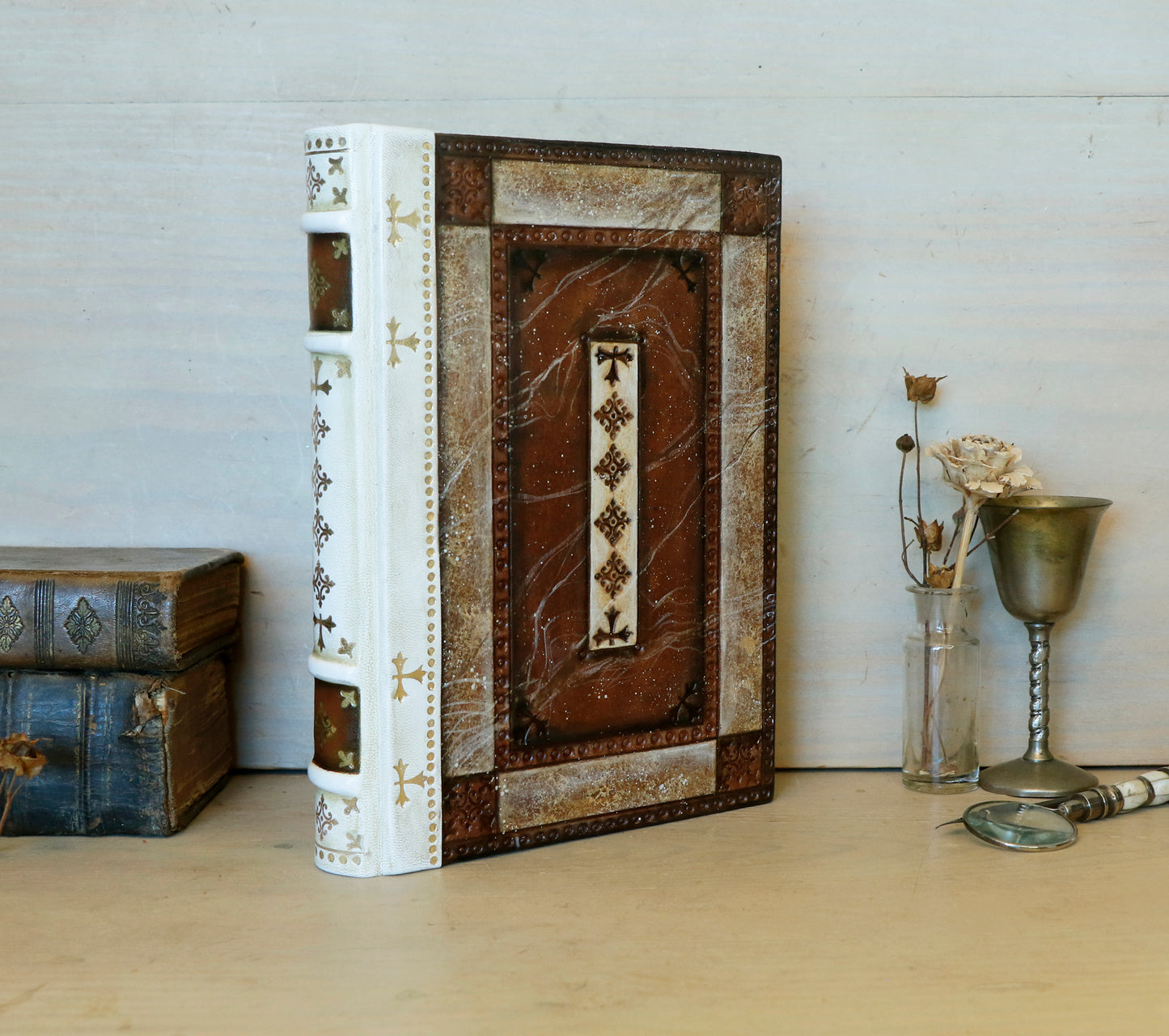 Brown Red Leather Journal with Tooled Decoration, White leather spine - Sienna Sunset
