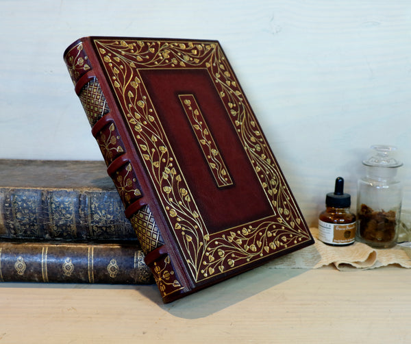 Burgundy leather journal with hand tooled gold decoration, Precious Moments