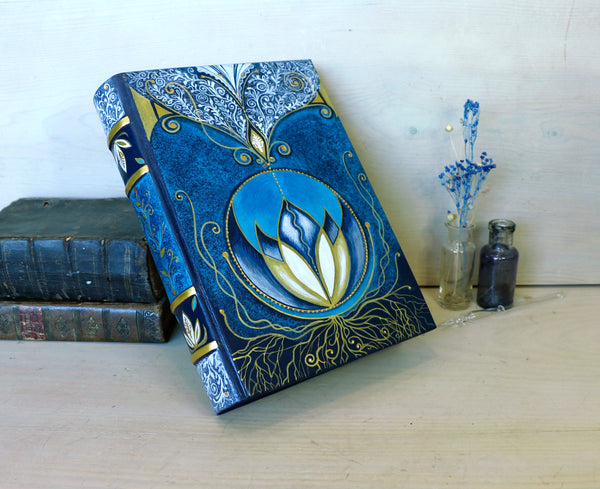 Blue leather journal with Hand painted decoration, Lotus Heart