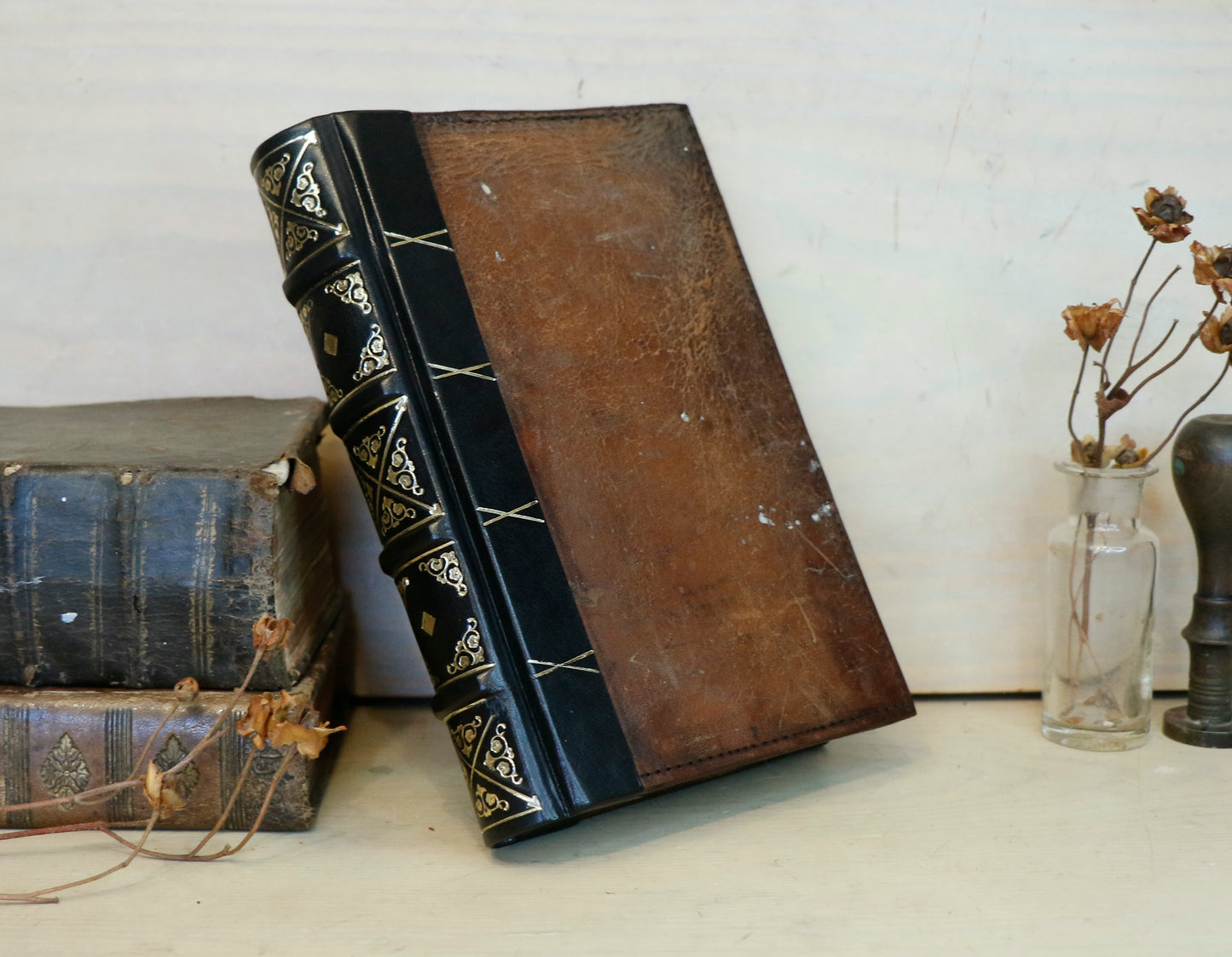 Vintage leather journal, Gold tooled decoration. The Old Book