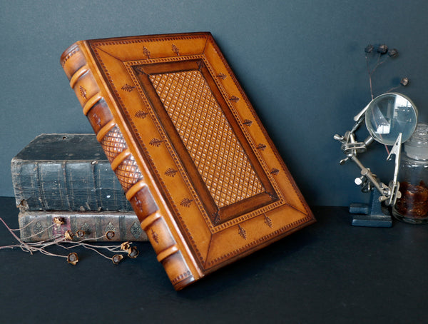 Brown Orange Leather Journal with hand tooled decoration - Copper Shine