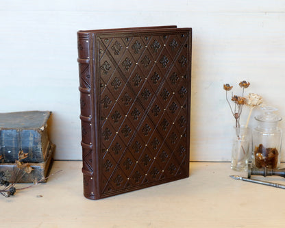 Brown leather journal with blind tooled decoration. One of a Kind. Dark Chocolate