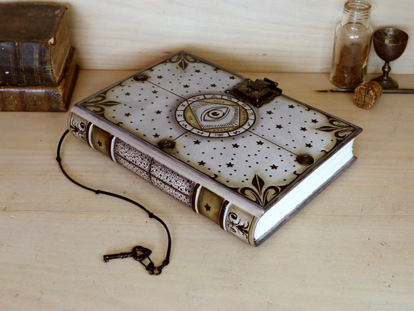 Metallic grey leather journal with tooled decoration, Lockable. The Circle of Time
