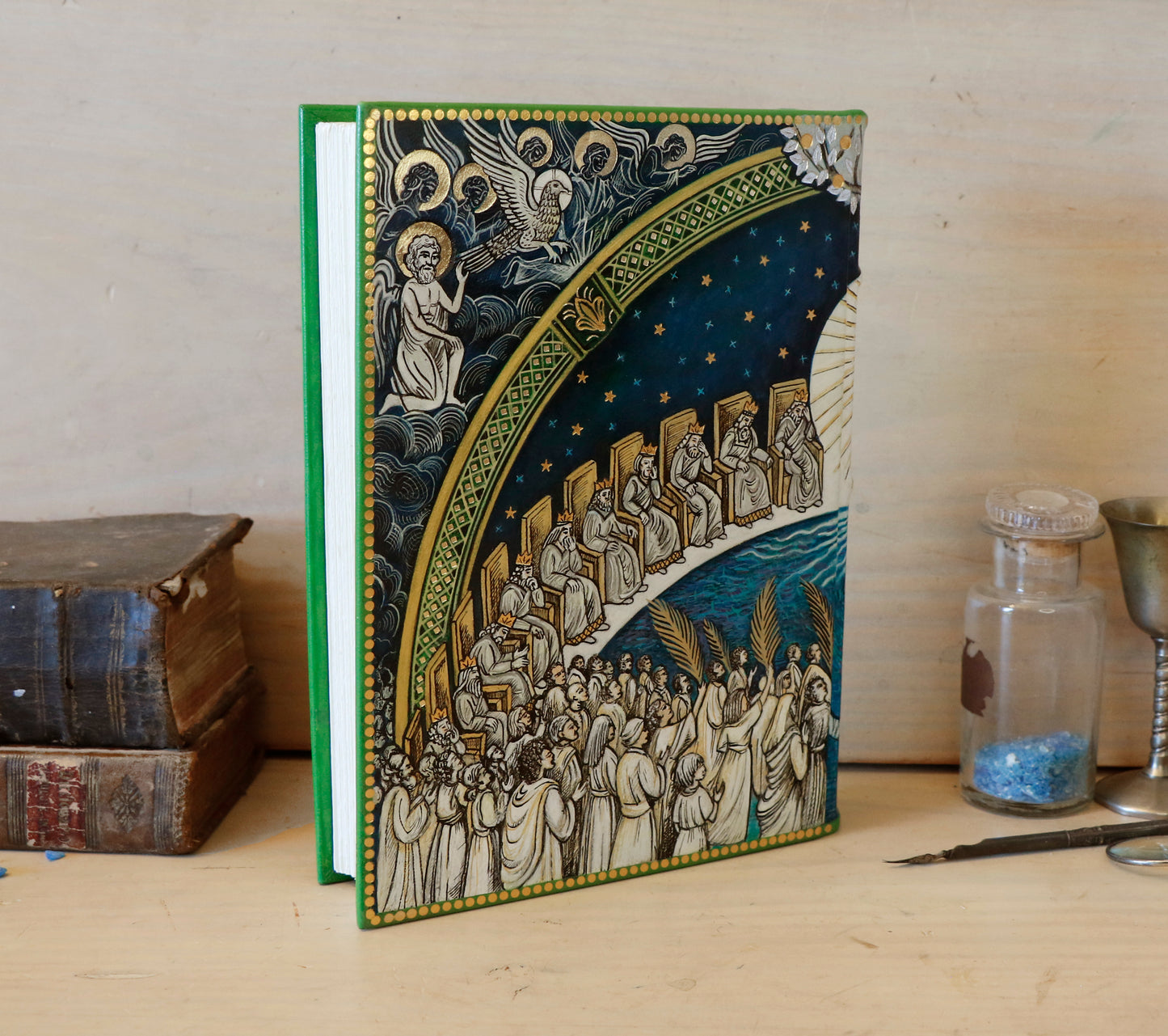 Hand painted blank book, White Leather Journal, Revelation 7, The Heart of the Spiritual Heaven