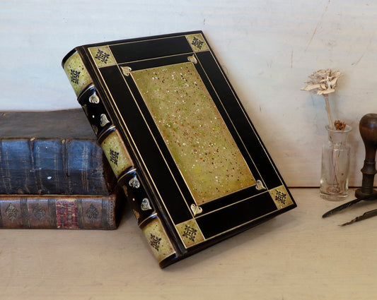 Black leather journal with tooled and hand painted decoration. Artist paper. Verdigris Dreams