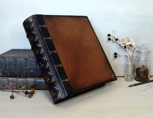 Vintage leather journal, Reclaimed brown leather, Gold tooled decoration. Once Upon a Time