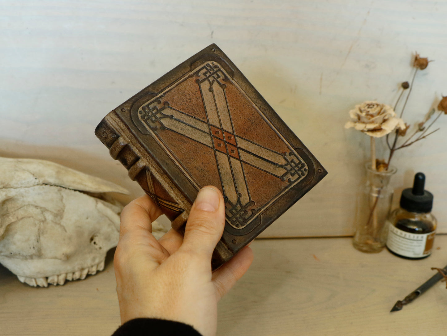Natural leather journal, Tooled decoration - Orange Sunset