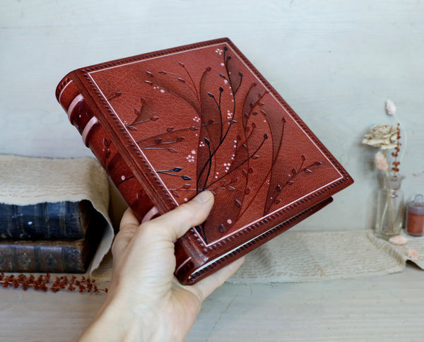 Red Leather Journal with floral decoration. Garden of Life