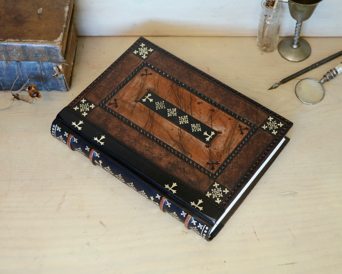 Brown Red Leather Journal with Tooled Decoration, Black leather spine - Sienna Sunset