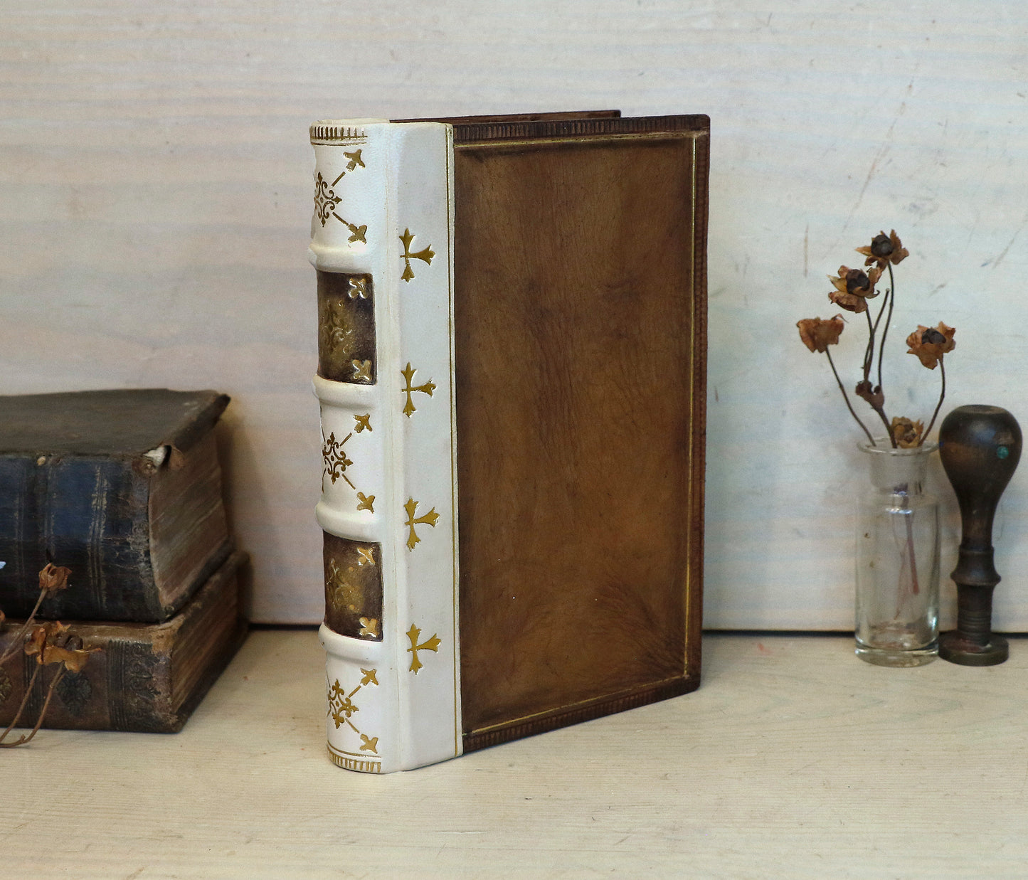 Vintage leather journal, Brown and white leather with Gold tooled decoration. The Book of Light