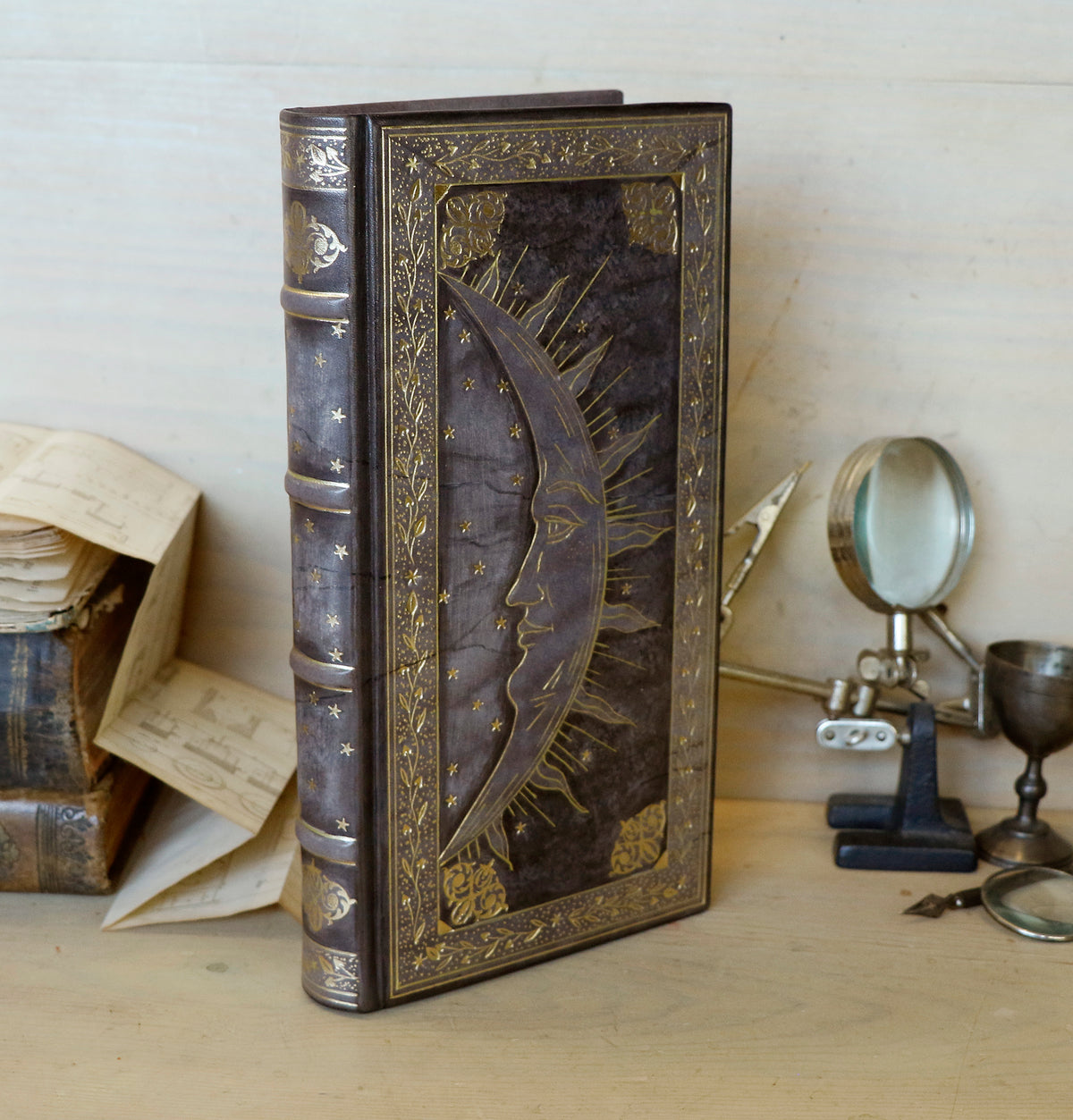 Antique Grey Leather Journal with gold decoration. Alchemic Journey. One of a Kind.