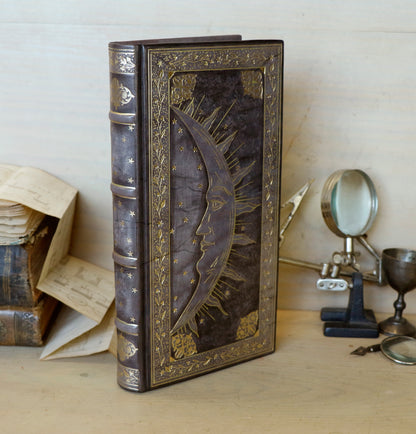 Antique Grey Leather Journal with gold decoration. Alchemic Journey. One of a Kind.