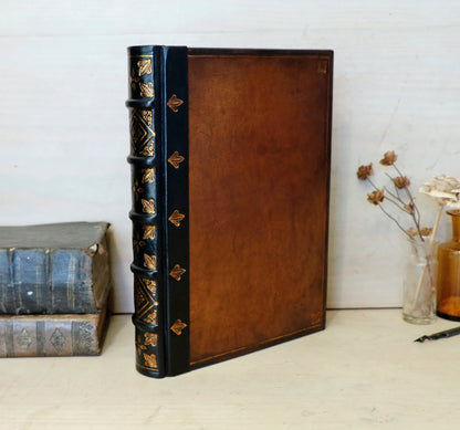Antiqued leather journal, brown leather, Gold tooled decoration. Once Upon a Time