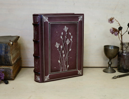 Burgundy Leather Journal with Silver Tooled Decoration. Silver Moon Bloom. One of a Kind