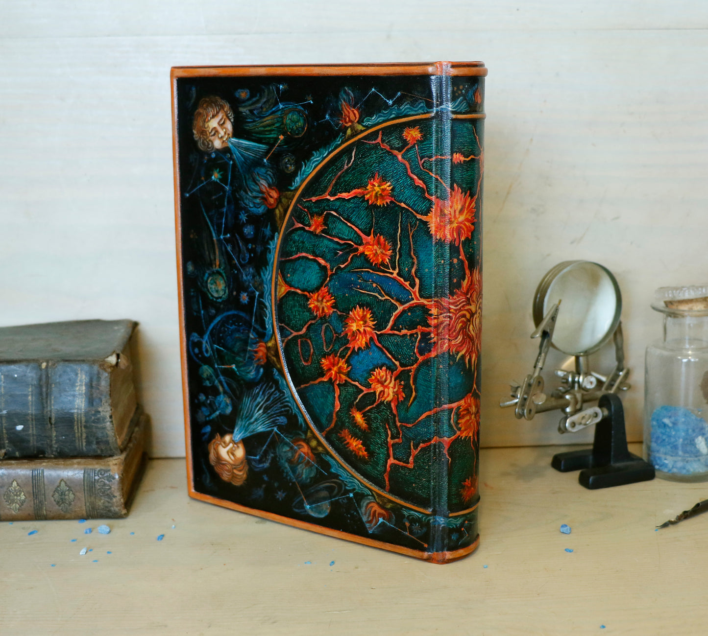 Hand-painted Leather Journal, One of a Kind blank book - Mundus Subterraneus, Internal Fires