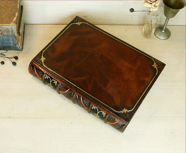 Antiqued leather journal, brown red leather, Gold tooled decoration. Once Upon a Time
