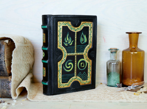 Small alchemic leather journal with painted decoration, Green and gold on black antiqued leather - Four Elements of the Universe