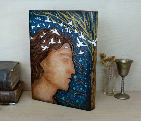 Hand painted leather journal with original artwork, The Lovers. One of a kind