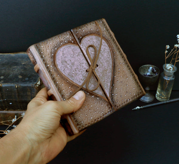 Natural Leather Journal with Silver Pink Heart Decoration, "Sparks"