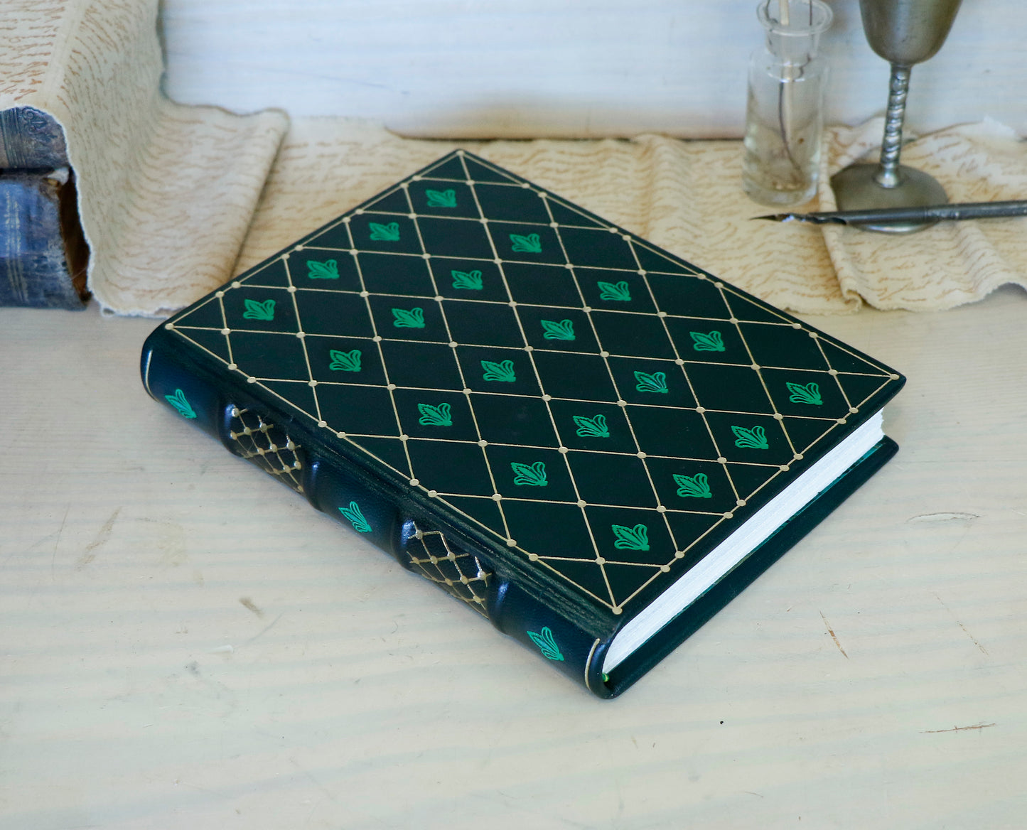Dark Green Leather Journal with gold and green tooled decoration. Emerald Garden