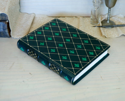 Dark Green Leather Journal with gold and green tooled decoration. Emerald Garden