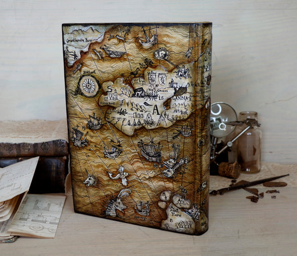 Handpainted leather journal, Artist paper, "Carta Marina". One of a Kind