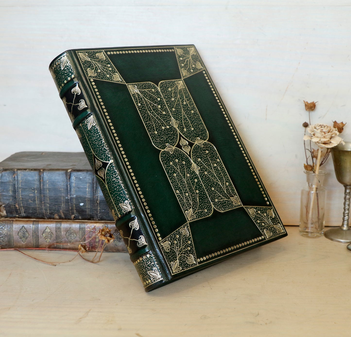 Dark Green Leather Journal with Gold Tooled Decoration. Romantic Journey