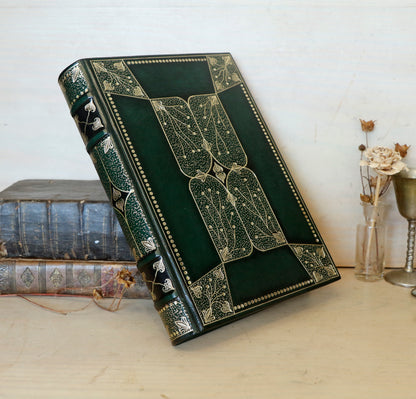 Dark Green Leather Journal with Gold Tooled Decoration. Romantic Journey