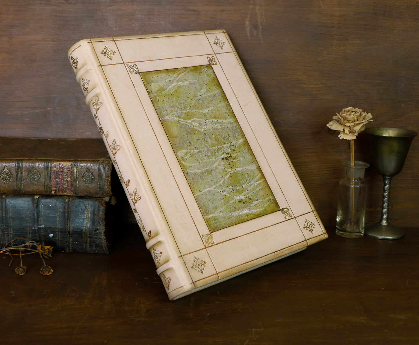 Natural leather journal with tooled decoration and hand painted edges - The Green Garden