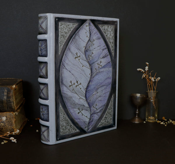 Purple leather journal with silver tooled and painted decoration. Silver Leaf