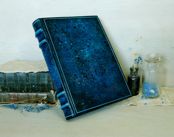 Blue leather journal with handpainted decoration - September Night Skies