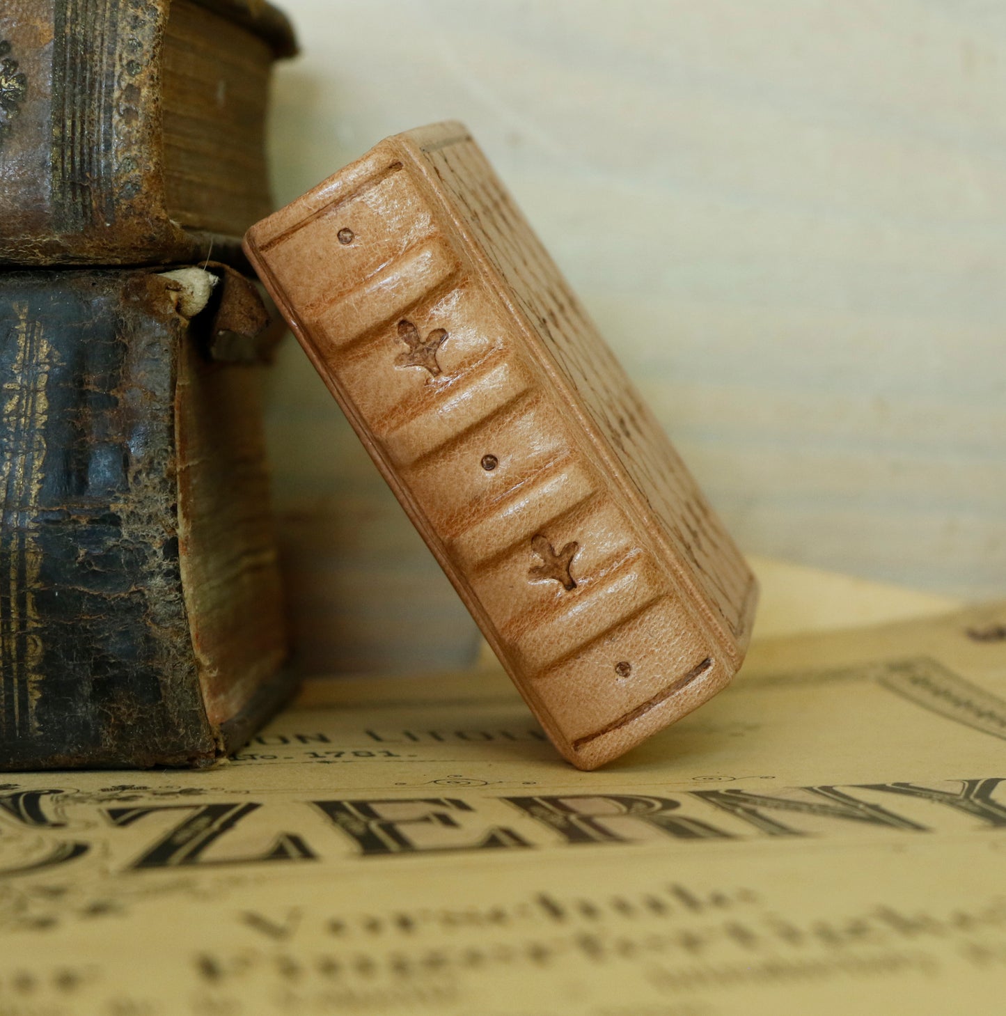 Miniature leather journal, Natural leather, tooled decoration