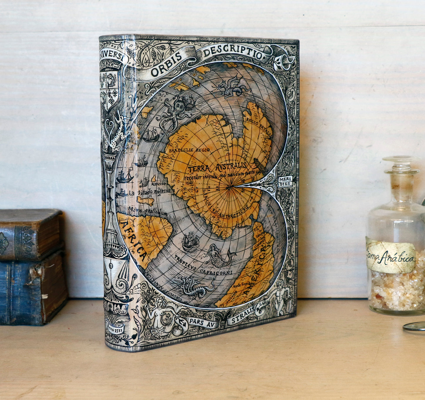 Handpainted leather journal, "Universi Orbis Descriptio", Double Heart Shaped Map Projection, One of a Kind