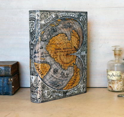 Handpainted leather journal, "Universi Orbis Descriptio", Double Heart Shaped Map Projection, One of a Kind