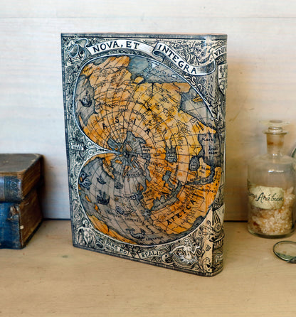 Handpainted leather journal, "Universi Orbis Descriptio", Double Heart Shaped Map Projection, One of a Kind