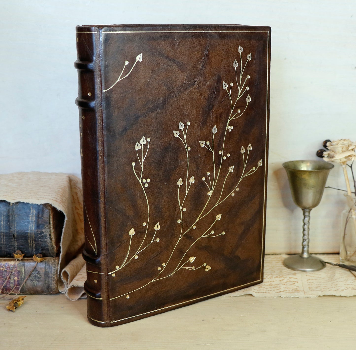 Antiqued Brown Leather Journal with Gold Tooled Decoration, Branches of Memory