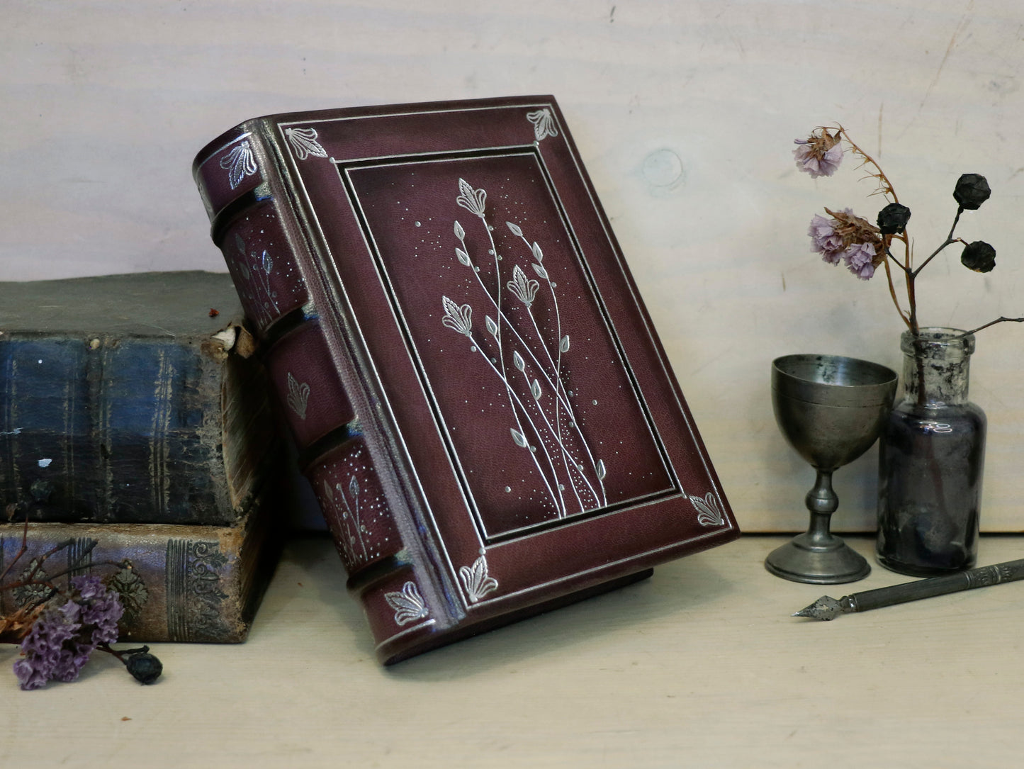 Burgundy Leather Journal with Silver Tooled Decoration. Silver Moon Bloom. One of a Kind