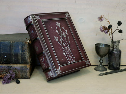 Burgundy Leather Journal with Silver Tooled Decoration. Silver Moon Bloom. One of a Kind