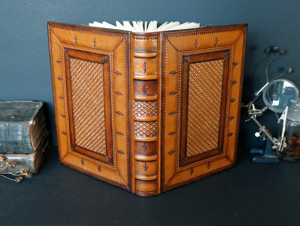 Brown Orange Leather Journal with hand tooled decoration - Copper Shine