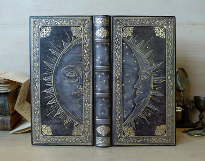 Antique Grey Leather Journal with gold decoration. Alchemic Journey. One of a Kind.