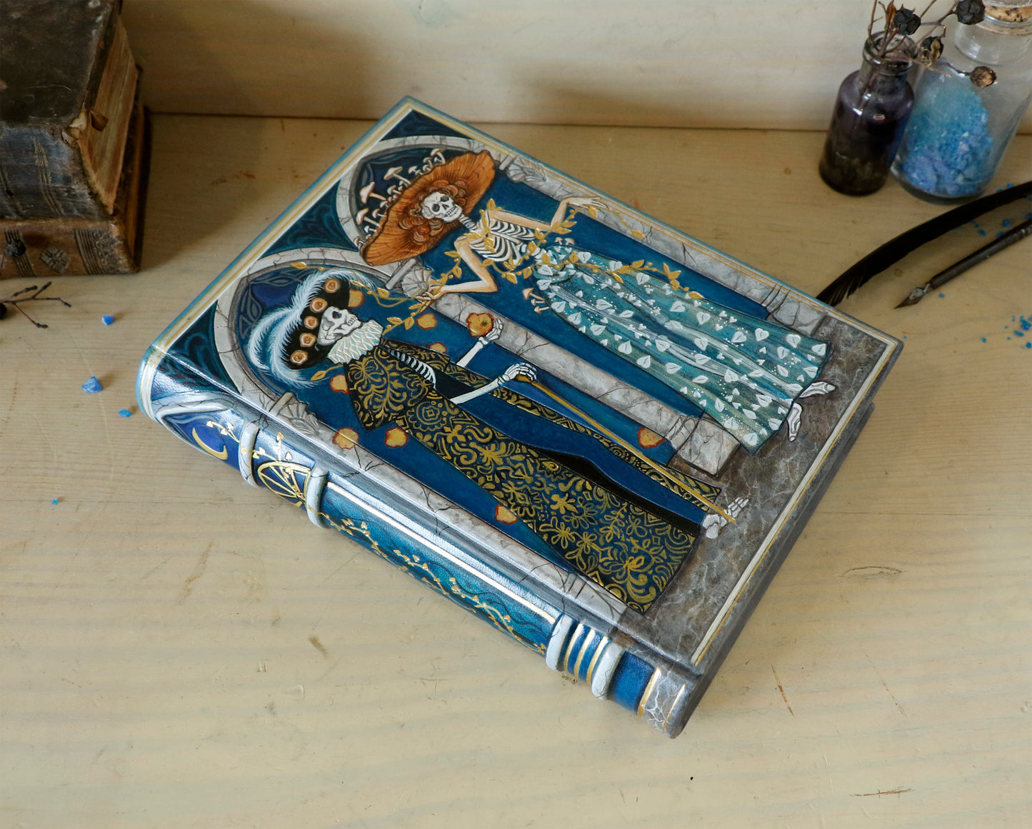 Handpainted Leather Journal / Blank Book with Original Artwork - A Dance Macabre of the Feminine Devine. One of a Kind