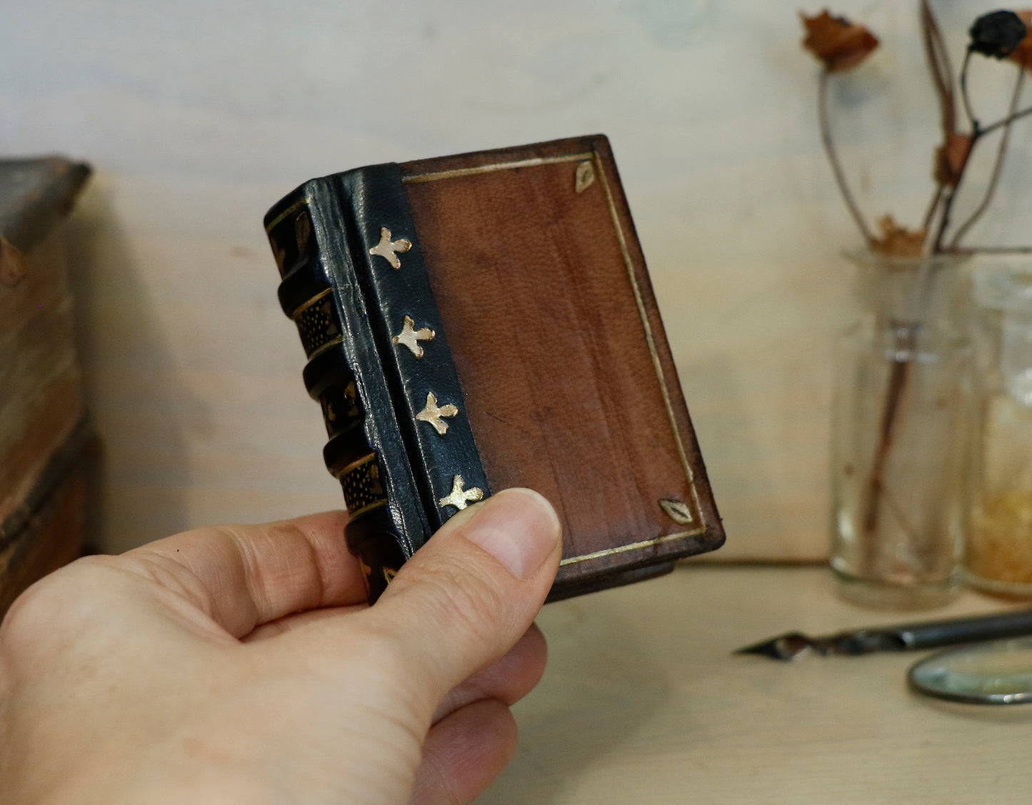 Antiqued Miniature Book / Vintage Leather Journal with gold tooled decoration