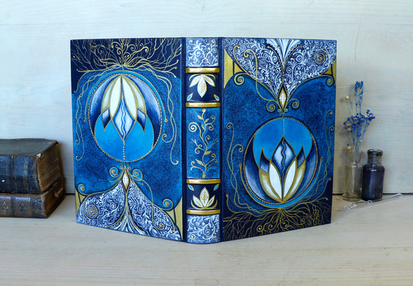 Blue leather journal with Hand painted decoration, Lotus Heart